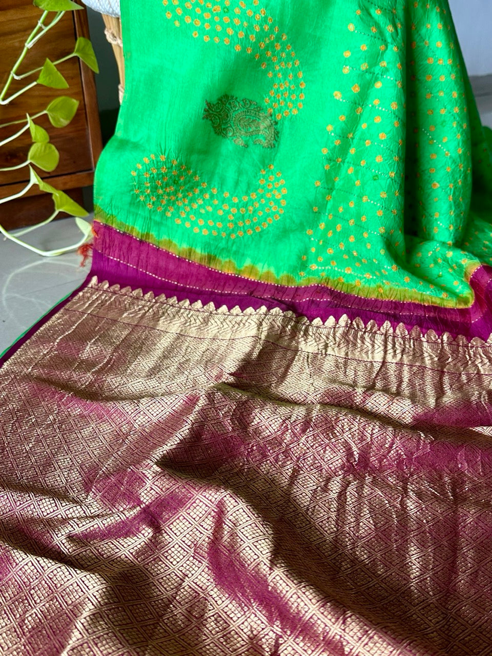 green-and-maroon-kanjivaram-silk-bandhani-saree-with-yellow-bandhej