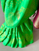 green-and-maroon-kanjivaram-silk-bandhani-saree-with-yellow-bandhej