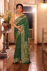 Green Pure Banarsi Georgette Bandhani Saree