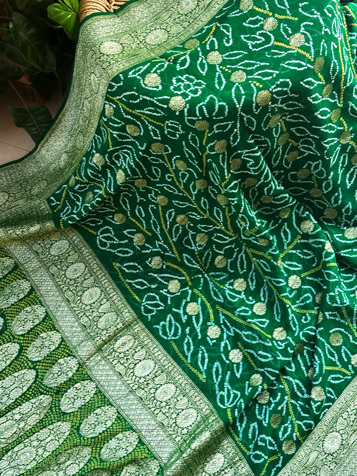 Green Pure Banarsi Georgette Bandhani Saree