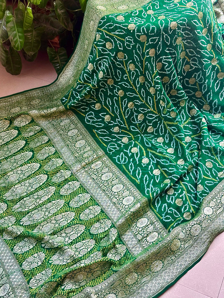 Green Pure Banarsi Georgette Bandhani Saree