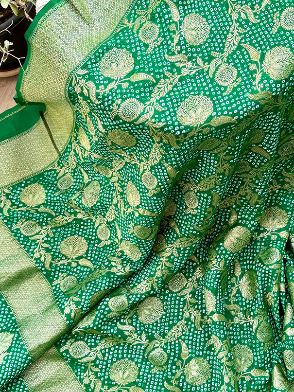 Green Exclusive Handloom Pure Banarsi Silk Bandhani Saree