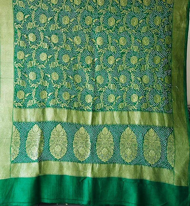 Green Exclusive Handloom Pure Banarsi Silk Bandhani Saree