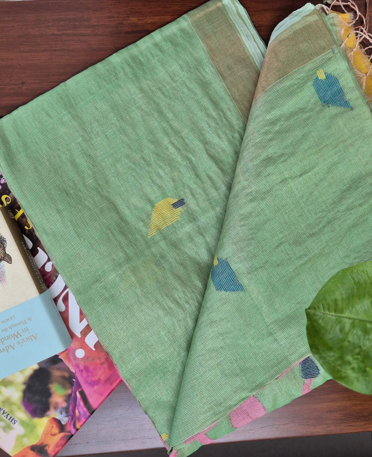 Green Base with Pink Stems Handloom Tissue Silk Saree with Jamdani weaving