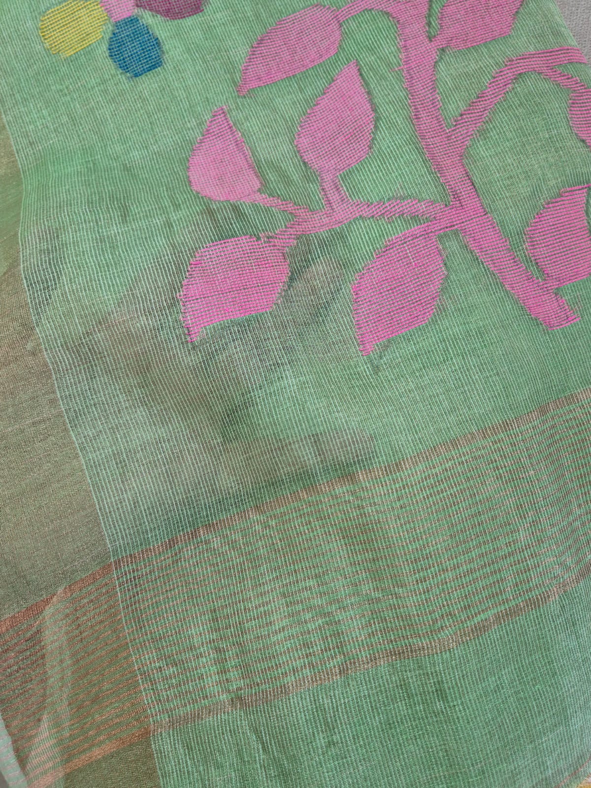 Green Base with Pink Stems Handloom Tissue Silk Saree with Jamdani weaving