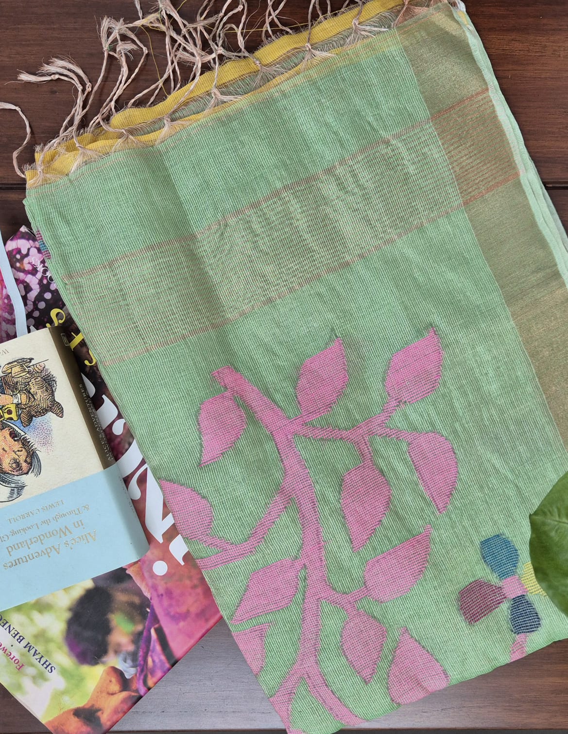 Green Base with Pink Stems Handloom Tissue Silk Saree with Jamdani weaving