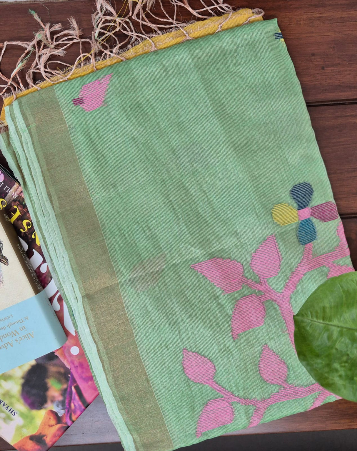 Green Base with Pink Stems Handloom Tissue Silk Saree with Jamdani weaving