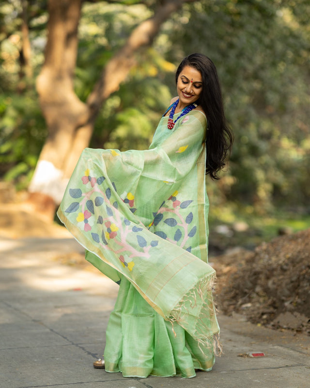 green-base-with-blue-leaves-handloom-tissue-silk-saree-with-jamdani-weaving