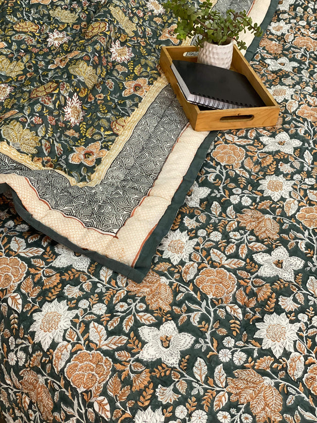 green-brown-flower-king-cotton-quilt-front-view