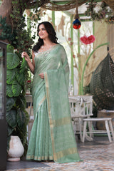 Green Chanderi Cotton Silk Half And Half Bandhani Saree