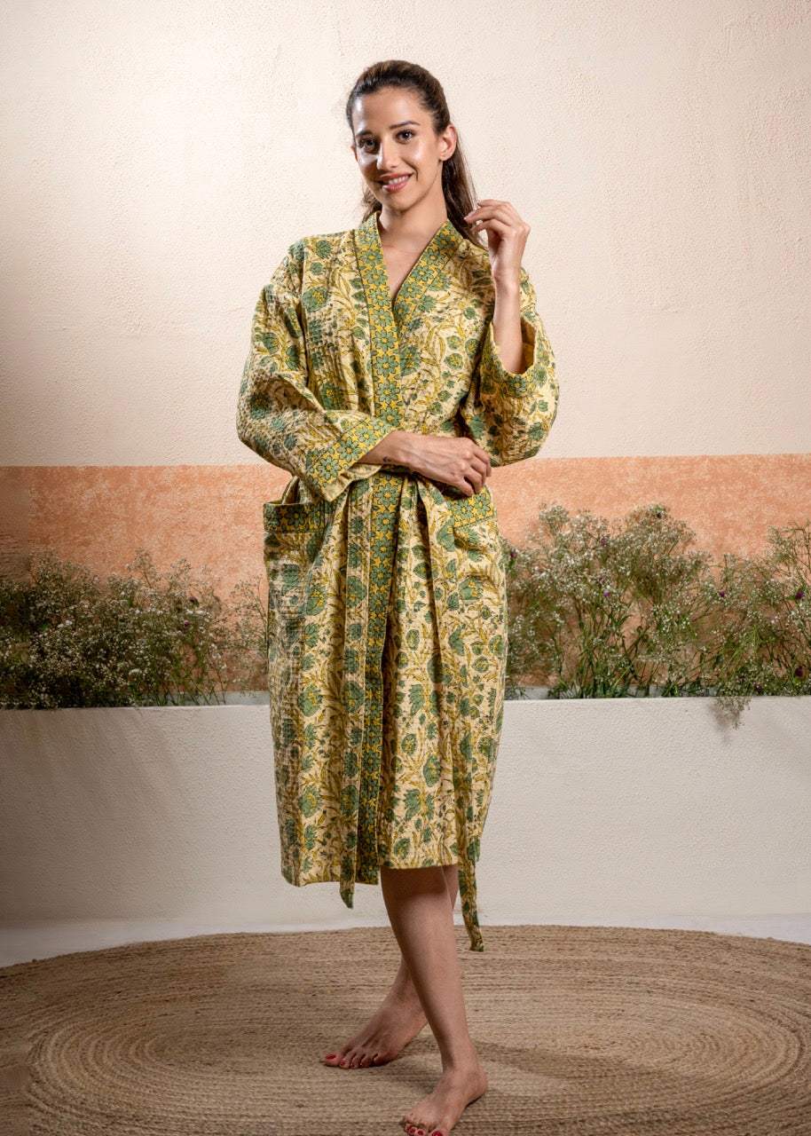 green-floral-cotton-waffle-bathrobe-detailed-view