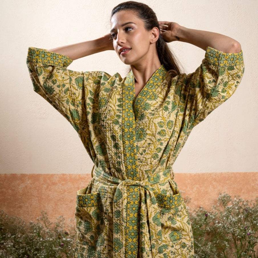 green-floral-cotton-waffle-bathrobe-front-view