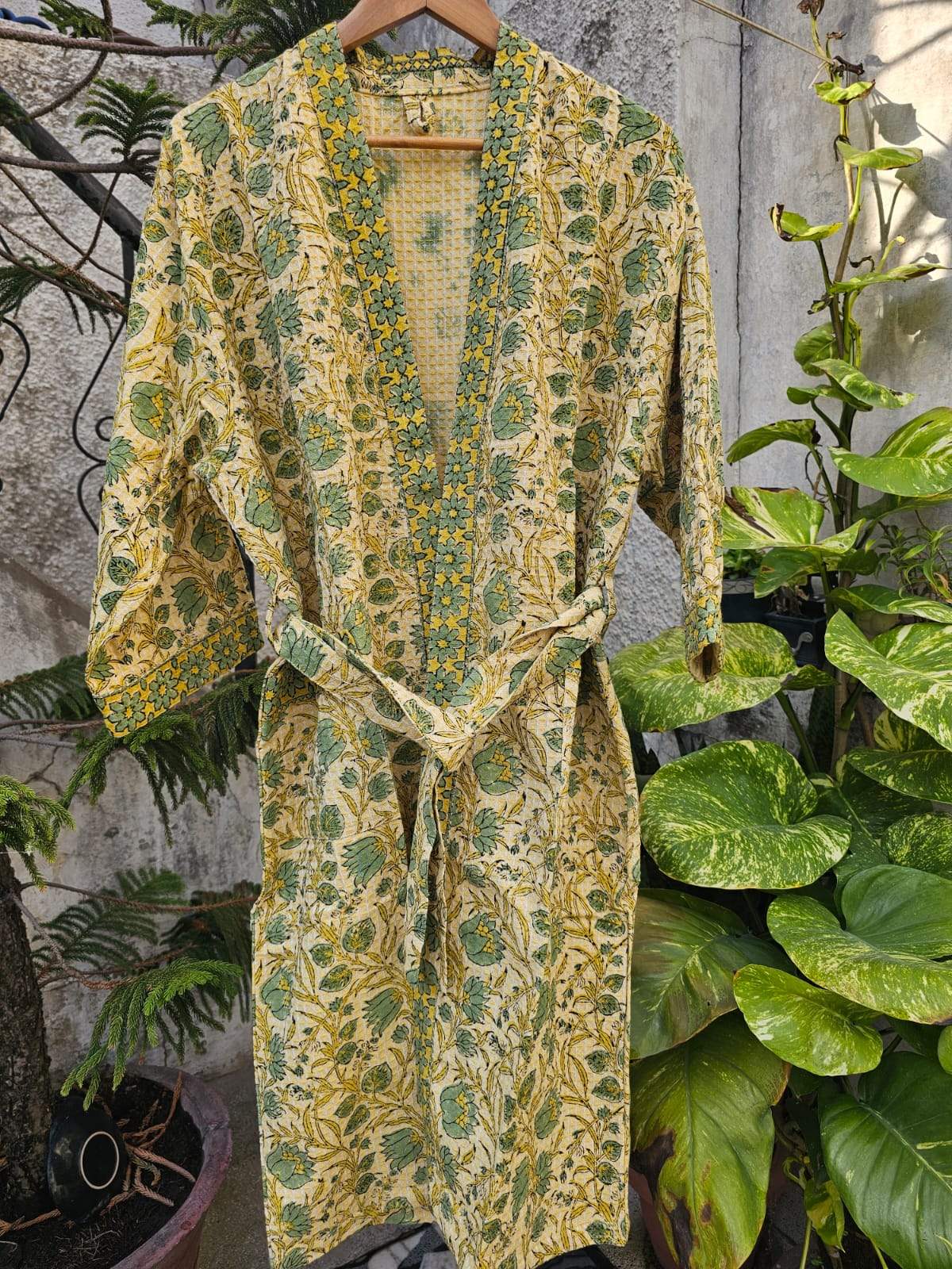 green-floral-cotton-waffle-bathrobe-full-display-view