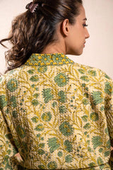 green-floral-cotton-waffle-bathrobe-side-view