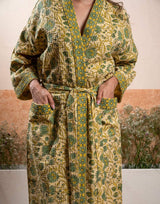 green-floral-cotton-waffle-bathrobe-top-angle-view