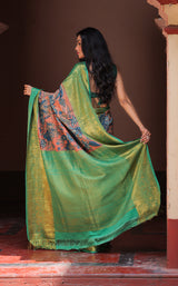 Peach and Turquoise Floral Theme Pure Silk Kanchipattu Kalamkari Saree