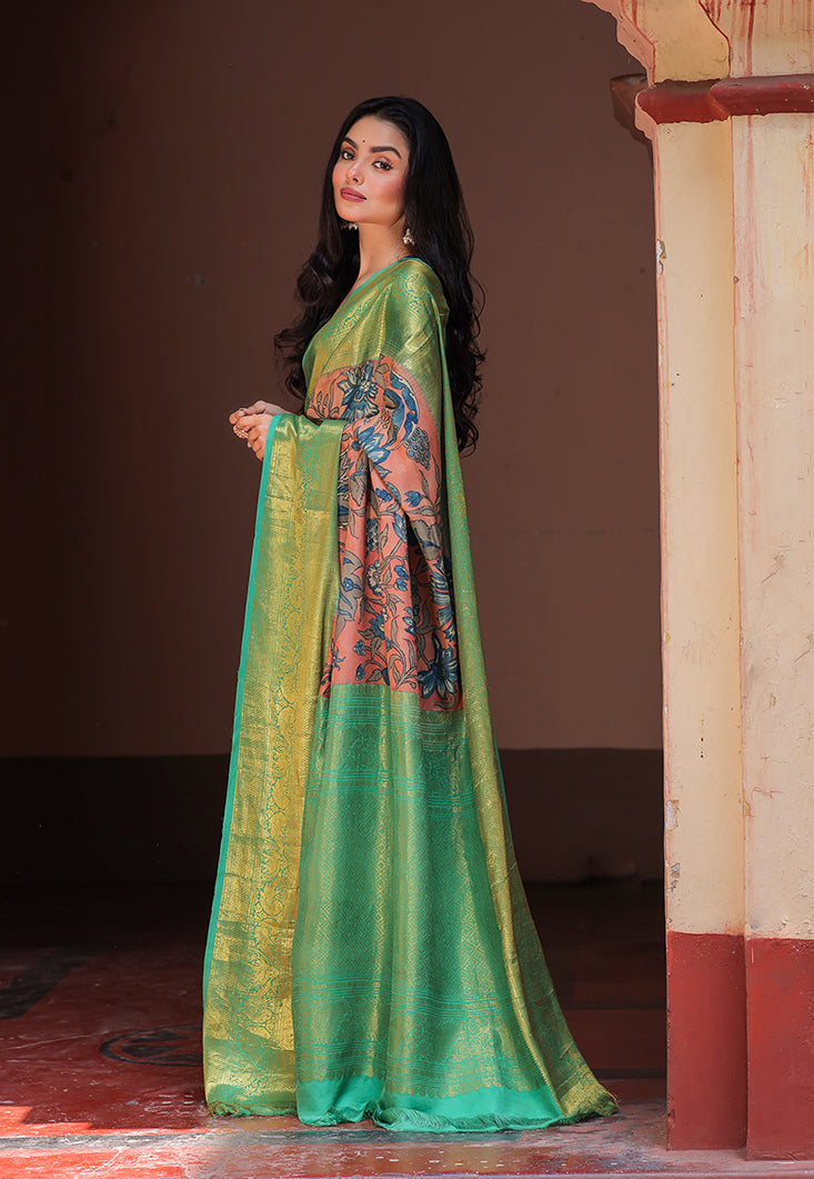 Peach and Turquoise Floral Theme Pure Silk Kanchipattu Kalamkari Saree