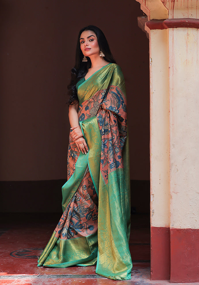 Peach and Turquoise Floral Theme Pure Silk Kanchipattu Kalamkari Saree
