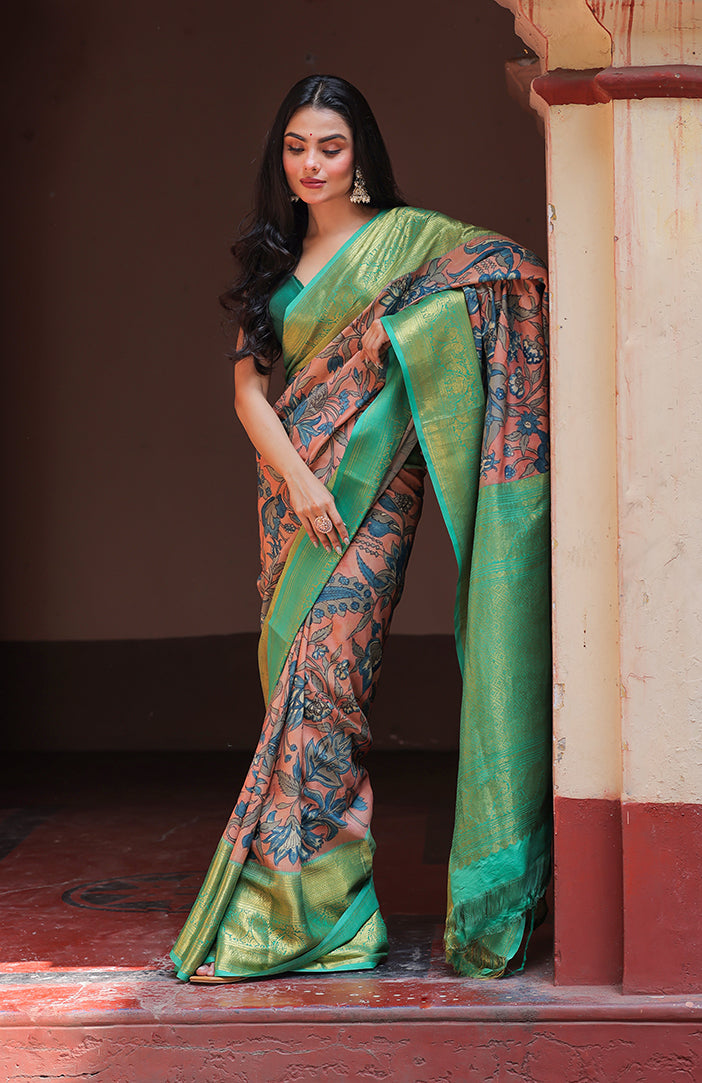 Peach and Turquoise Floral Theme Pure Silk Kanchipattu Kalamkari Saree