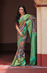 Peach and Turquoise Floral Theme Pure Silk Kanchipattu Kalamkari Saree