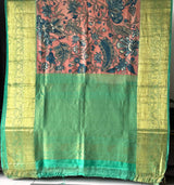 Peach and Turquoise Floral Theme Pure Silk Kanchipattu Kalamkari Saree