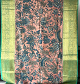 Peach and Turquoise Floral Theme Pure Silk Kanchipattu Kalamkari Saree