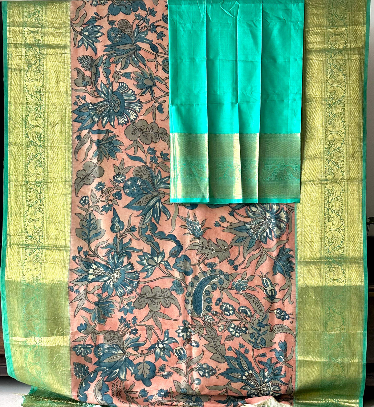 Peach and Turquoise Floral Theme Pure Silk Kanchipattu Kalamkari Saree