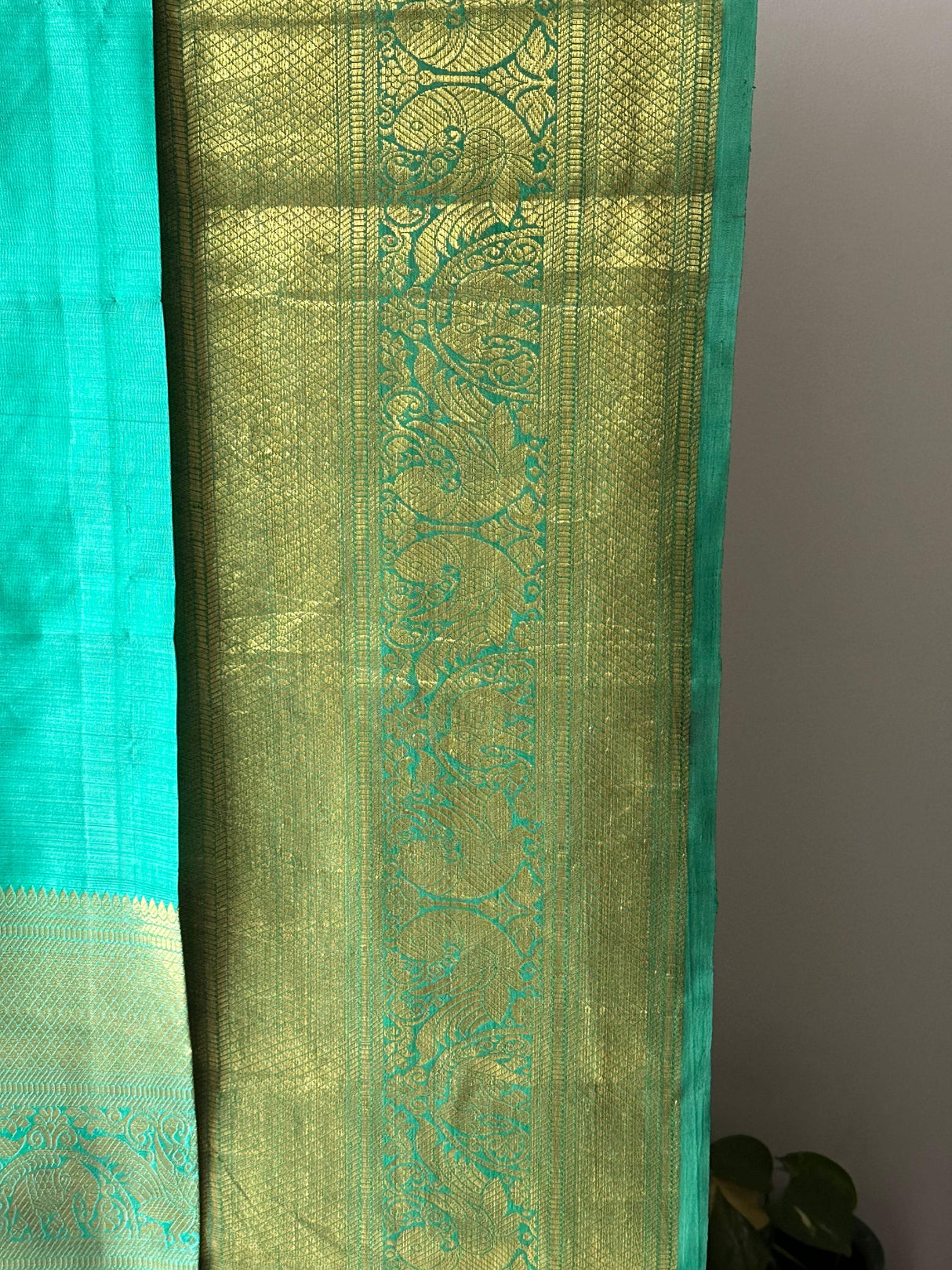 Peach and Turquoise Floral Theme Pure Silk Kanchipattu Kalamkari Saree