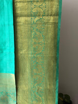 Peach and Turquoise Floral Theme Pure Silk Kanchipattu Kalamkari Saree