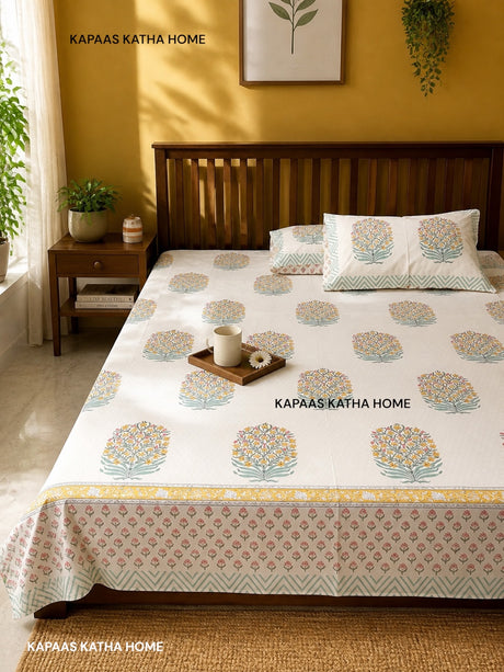 green-pink-blockprint-cotton-bedsheet