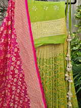 Green and Pink Pure Banarsi Georgette Bandhani Lehenga