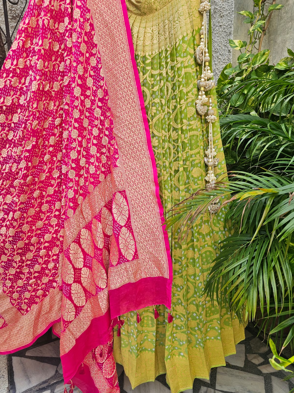 Green and Pink Pure Banarsi Georgette Bandhani Lehenga