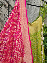 Green and Pink Pure Banarsi Georgette Bandhani Lehenga