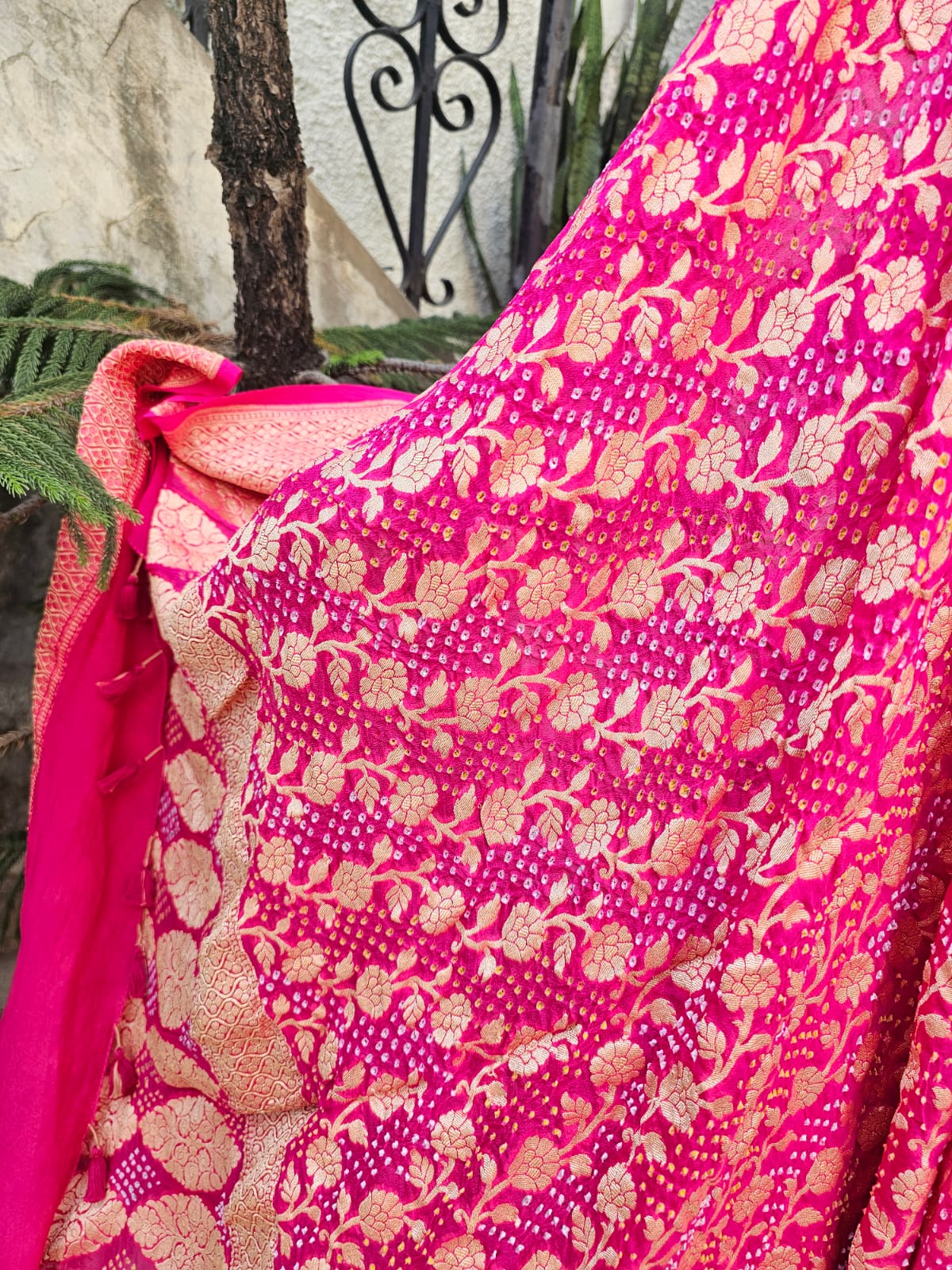 Green and Pink Pure Banarsi Georgette Bandhani Lehenga