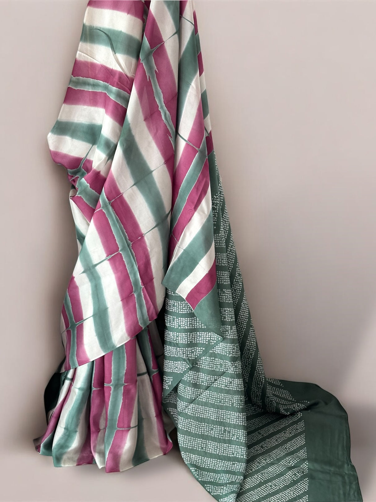 Habotai Silk Clamp Dye Bandhani Saree in Green and Pink combo