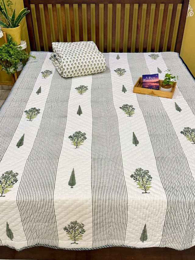 green-tree-print-cotton-quilt-striped-base