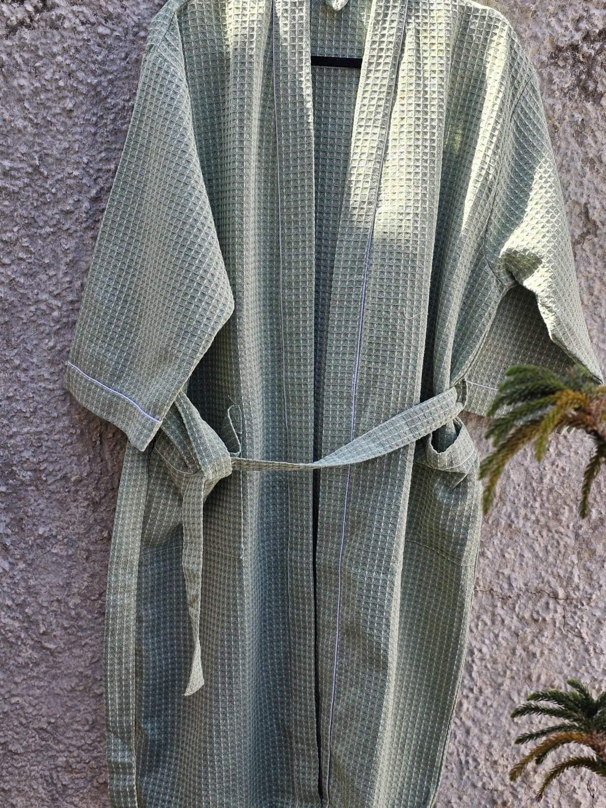 green-unisex-cotton-waffle-bathrobe-hanging-view