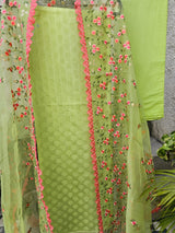 Green 3 Piece Cotton Silk Unstitched Suit Set with Organza Dupatta