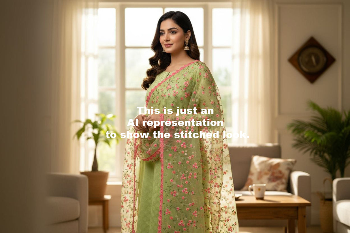 Green 3 Piece Cotton Silk Unstitched Suit Set with Organza Dupatta