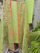 Green 3 Piece Cotton Silk Unstitched Suit Set with Organza Dupatta