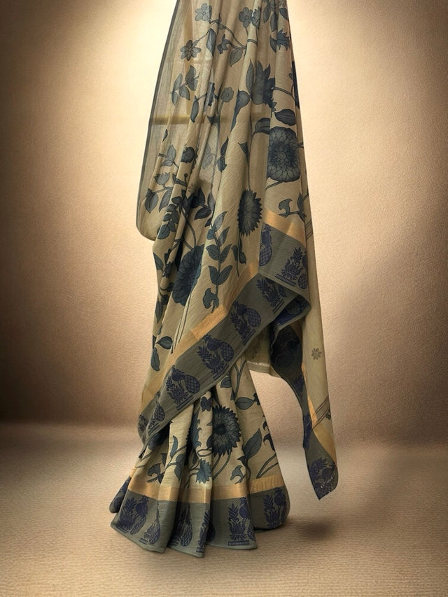 grey-base-handcrafted-cotton-kalamkari-saree-front-view