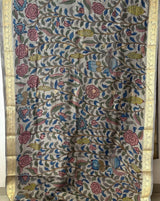 Floral and Bird Theme Grey Cotton Silk Kalamkari Saree