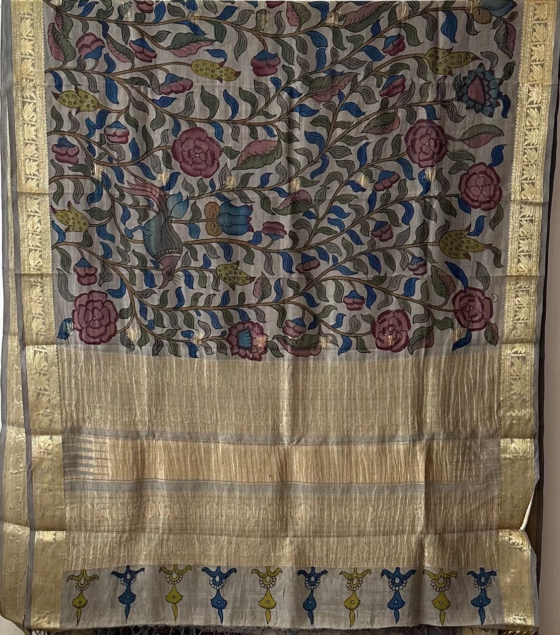 Floral and Bird Theme Grey Cotton Silk Kalamkari Saree