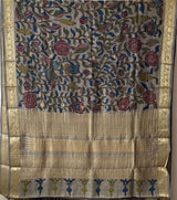 Floral and Bird Theme Grey Cotton Silk Kalamkari Saree