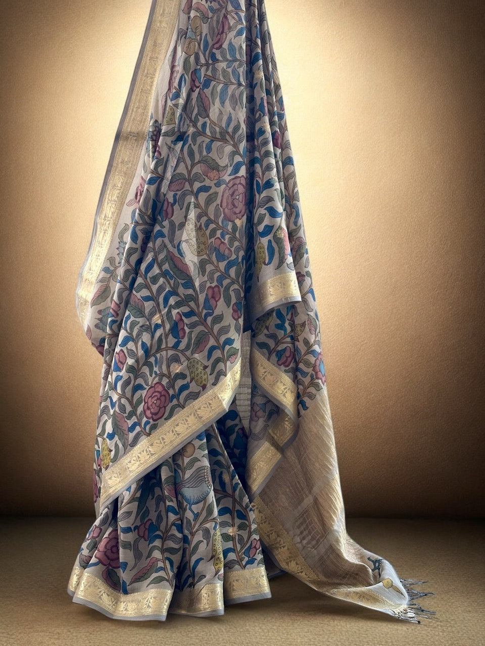 Floral and Bird Theme Grey Cotton Silk Kalamkari Saree