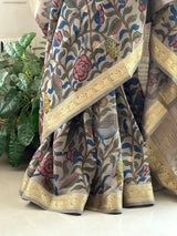 Floral and Bird Theme Grey Cotton Silk Kalamkari Saree