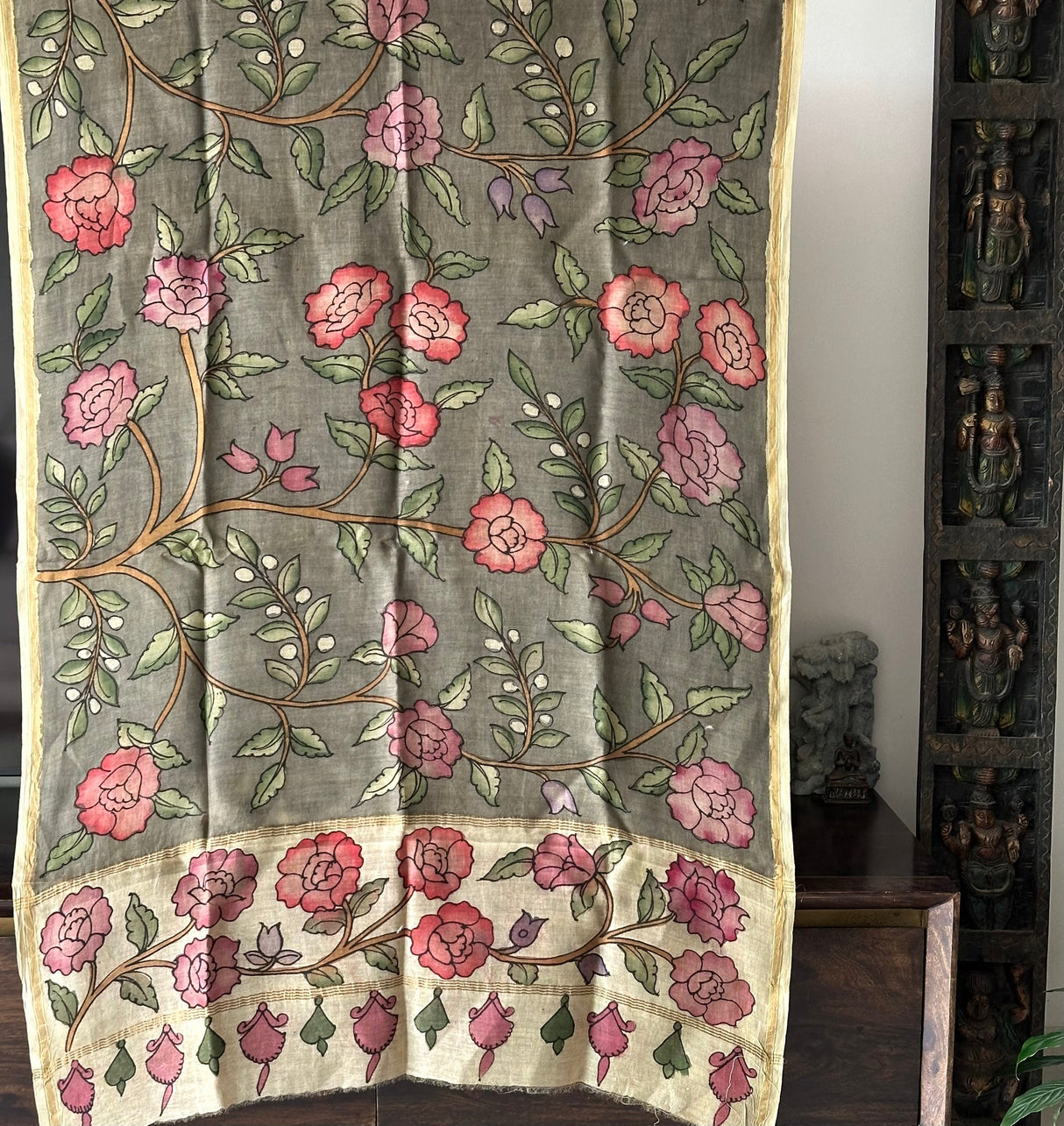 Grey Chanderi Cotton Silk Floral Kalamkari Dupatta