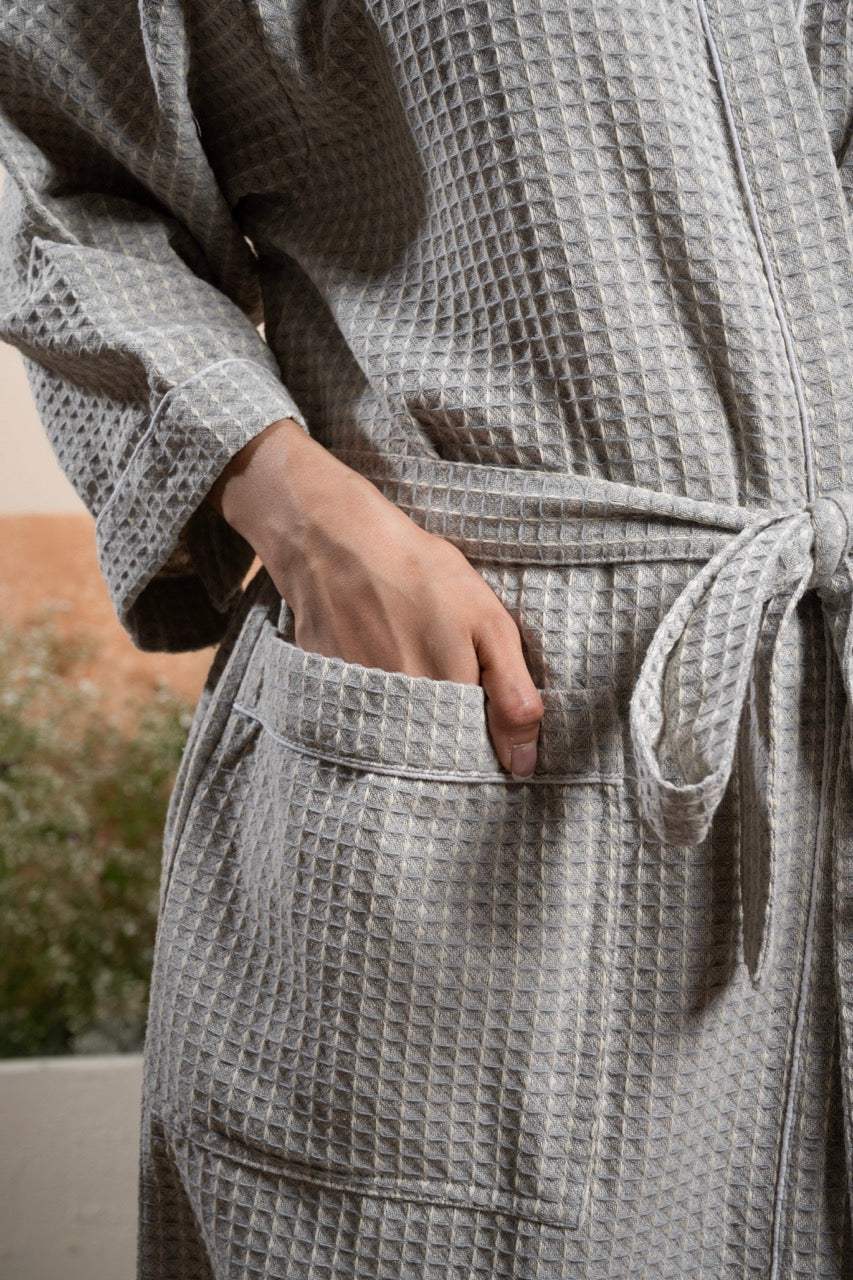 grey-unisex-cotton-waffle-bathrobe-collar-pocket-view