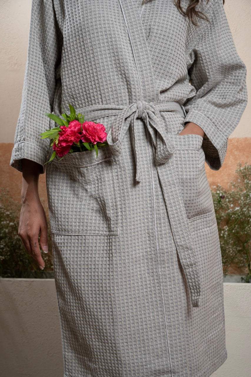 grey-unisex-cotton-waffle-bathrobe-laying-flat-view