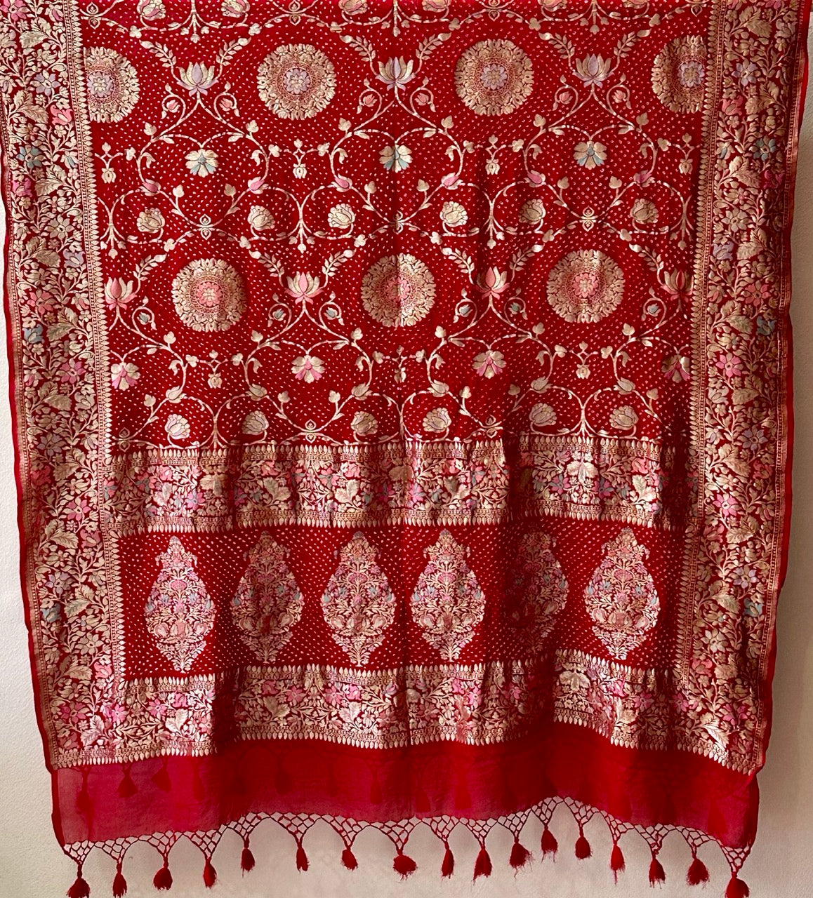 Gulzaar Phoolkari - Red Pure Georgette Meenakari Bandhani Dupatta